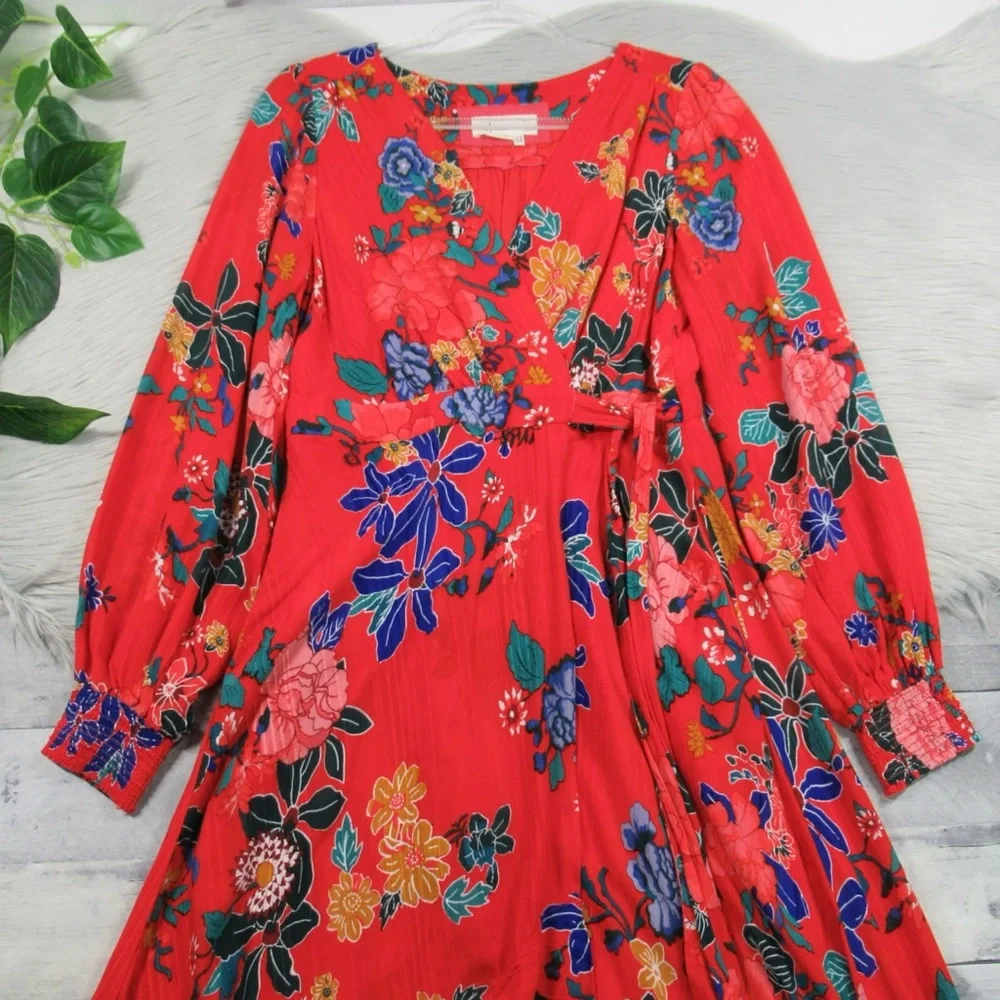 ANTHROPOLOGIE Boswell Red Floral Textured Wrap Tunic Dress Women's Size 12